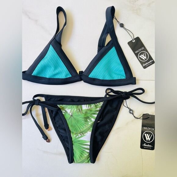 NWT Wildfox Palm leaf teal turquoise ribbed triangle bikini set